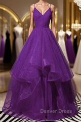 Shiny V Neck Purple Long Prom Dresses, Long Purple Formal Evening Dresses, Purple Ball Gown