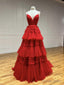 Shiny V Neck Red High Low Prom Dress, V Neck High Low Red Prom Dresses