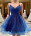 Shiny V Neck Short Blue Green White Prom Dress, Shiny Short V Neck Prom Homecoming Dresses