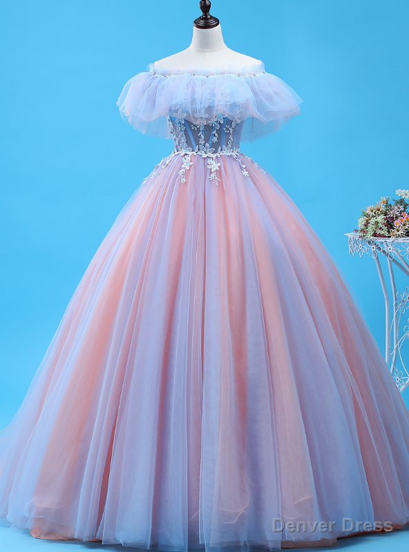 Shop Long Pink And Blue Ball Gowns Tulle Off the Shoulder Quinceanera