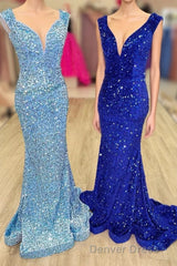 Blue Sequin V-Neck Lace-Up Mermaid Long Formal Dresses
