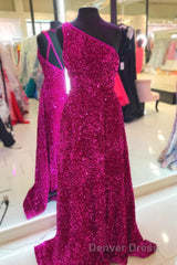 Purple Sequin One-Shoulder Backless A-Line Long Prom Dresses