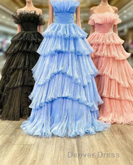 Candy Pink Tulle A-line Strapless Ruffles layers Long Prom Dresses