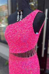 Fuchsia One Shoulder Sequins Tassels Cut-Out Long Prom Dresses with Slit