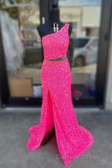 Fuchsia One Shoulder Sequins Tassels Cut-Out Long Prom Dresses with Slit