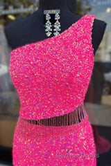 Fuchsia One Shoulder Sequins Tassels Cut-Out Long Prom Dresses with Slit