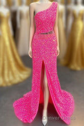 Fuchsia One Shoulder Sequins Tassels Cut-Out Long Prom Dresses with Slit