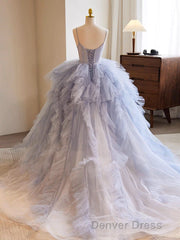 Blue Tulle Long Prom Gown, Blue Tulle Long Sweet 16 Dresses