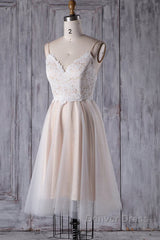 Short A-line Spaghetti Strap Lace Tulle Wedding Dresses