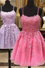 Short A Line Thin Straps Purple Hot Pink Lace Prom Dress, Purple Hot Pink Lace Homecoming Dress, Lilac Hot Pink Short Prom Dresses