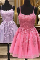 Short A Line Thin Straps Purple/Hot Pink Lace Prom Dresses, Purple/Hot Pink Lace Homecoming Dresses, Lilac/Hot Pink Short Formal Dresses
