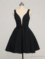 Short A Line V Neck Black Prom Dress, Black V Neck Short Graduation Homecoming Dresses