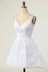 Short A-line V-neck Tulle Lace Backless Prom Dresses white Homecoming Dresses