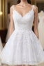 Short A-line V-neck Tulle Lace Backless Prom Dresses white Homecoming Dresses