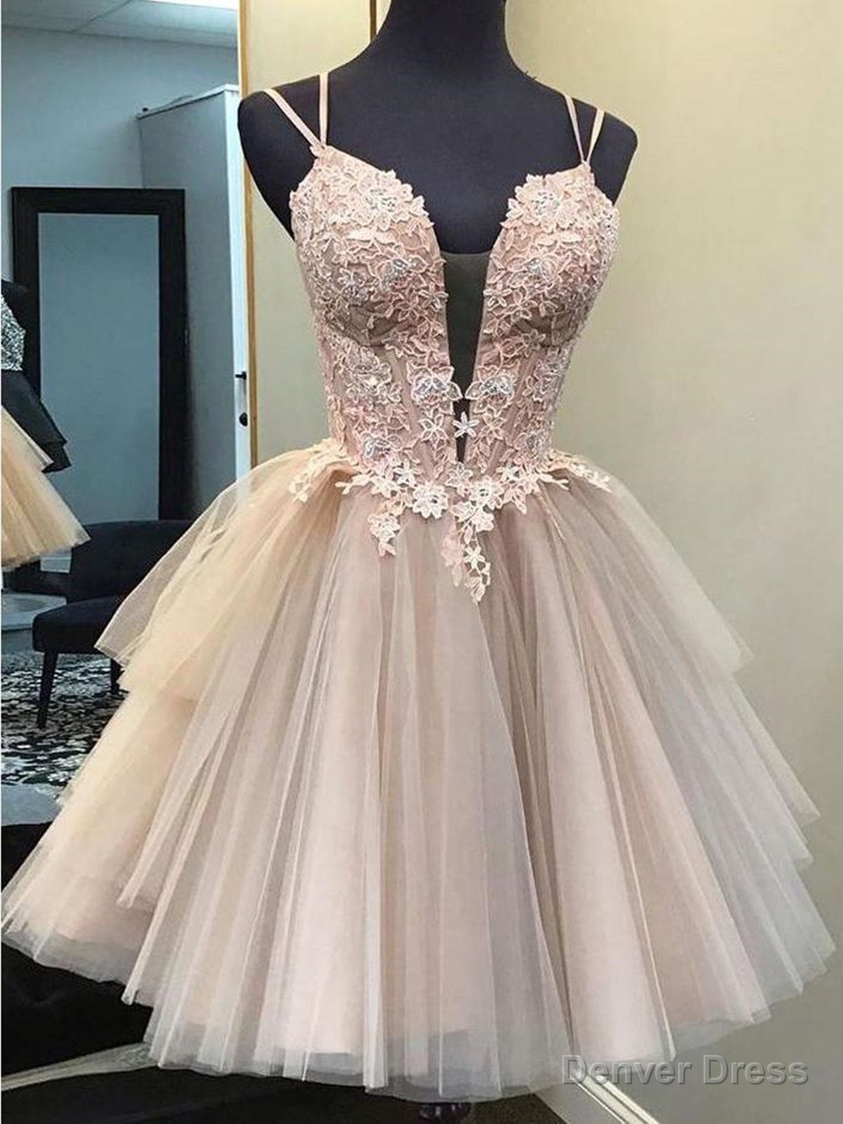 Short Backless Champagne Lace Prom Dress, Short V Neck Champagne Lace