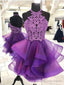 Short Backless Purple Organza Lace Prom Dress, Short Purple Lace Prom Homecoming Dresses