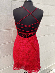 Short Backless Red Lace Prom Dresses, Open Back Short Red Lace Formal Homecoming Dresses