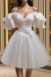 Short Beige Prom Dresses, Beige Tulle Lace Homecoming Dresses