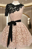 Short Black Champagne Lace Prom Dress, Short Black Champagne Lace Graduation Homecoming Dresses