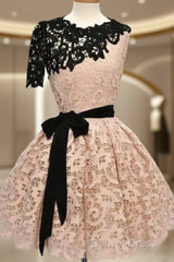 Short Black Champagne Lace Prom Dresses, Short Black Champagne Lace Graduation Homecoming Dresses