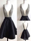 Short Black V Neck Prom Dress With Beaded Bodice, Black Short Homecoming Dress, Graduation Dresses