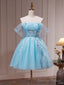 Short Blue Beaded Prom Dress, Short Blue Graduation Homecoming Dresses