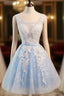 Short Blue Floral Prints Appliques Sleeveless Scoop Neckline Lace Up Back For Teen Lovely Homecoming Dresses