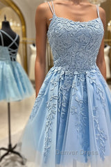 Short Blue Lace Prom Dressesses, Short Blue Lace Formal Homecoming Dresses