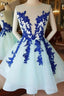Short Blue Lace Tulle Prom Dress, Short Blue Lace Homecoming Graduation Dresses