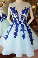 Short Blue Lace Tulle Prom Dresses, Short Blue Lace Homecoming Graduation Dresses