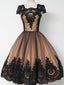 Short Cap Sleeves Black Lace Prom Dress, Short Black Lace Graduation Homecoming Dresses