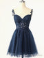 Short Dark Navy Blue Lace Prom Dress, Dark Blue Lace Prom Homecoming Dresses
