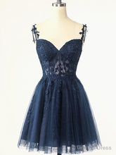 Short Dark Navy Blue Lace Prom Dresses, Dark Blue Lace Formal Homecoming Dress