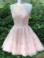 Short Halter Neck Pink Lace Prom Dress, Halter Neck Short Pink Lace Graduation Homecoming Dresses