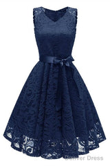 Short Navy Blue Lace Dress With Sash Homecoming Dresses