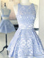 Short Open Back Blue Lace Prom Dress, Short Blue Lace Prom Graduation Homecoming Dresses