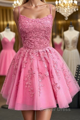 Short Pink Backless Lace Prom Dresses, Short Pink Open Back Formal Homecoming Dresses
