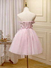 Short Pink Floral Prom Dresses, Short Pink Floral Formal Homecoming Dresses