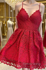 Short Red Lace Prom Dresses, Short Red Lace Formal Graduation Homecoming Dresses