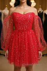 Short Red Long Sleeves Tulle Prom Dresses, Short Red Long Sleeves Formal Homecoming Dresses