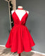 Short Red Plunging Satin Prom Dresses