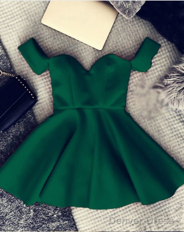 Short Satin Off Shoulder Emerald Green Homecoming Dress – Denver Dress
