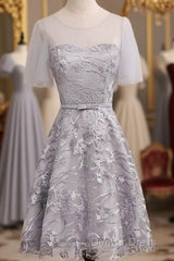 Short Sleeve Gray Lace Cute Homecoming Dresses