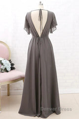 Short Sleeves Chiffon Long Bridesmaid Dresses Wedding Party Formal Dresses
