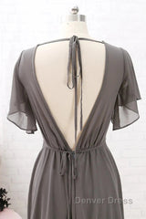 Short Sleeves Chiffon Long Bridesmaid Dresses Wedding Party Formal Dresses