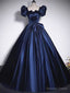 Short Sleeves Dark Blue Long Prom Dress, Dark Blue Short Sleeves Long Prom Dresses