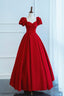 Short Sleeves Dark Red Long Prom Dress, Dark Red Long Prom Dresses
