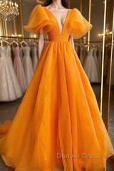 Short Sleeves Orange Long Prom Dresses, Orange Long Formal Evening Dresses