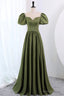 Short Sleeves Scoop Neck Dark Green Satin Prom Dress, Short Sleeves Green Prom Dresses