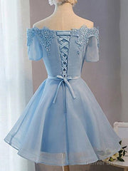 Short Sleeves Short Blue Prom Dresses with Lace-up, Short Blue Homecoming Graduation Dresses